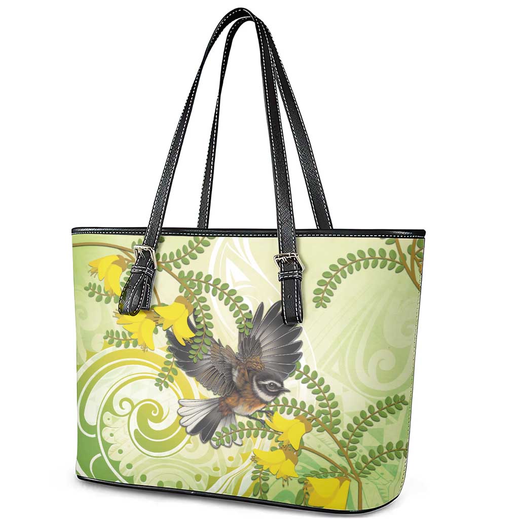 New Zealand Piwakawaka Fantail Bird Leather Tote Bag With Kowhai Flowers LT05 - Polynesian Pride
