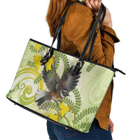 New Zealand Piwakawaka Fantail Bird Leather Tote Bag With Kowhai Flowers LT05 - Polynesian Pride