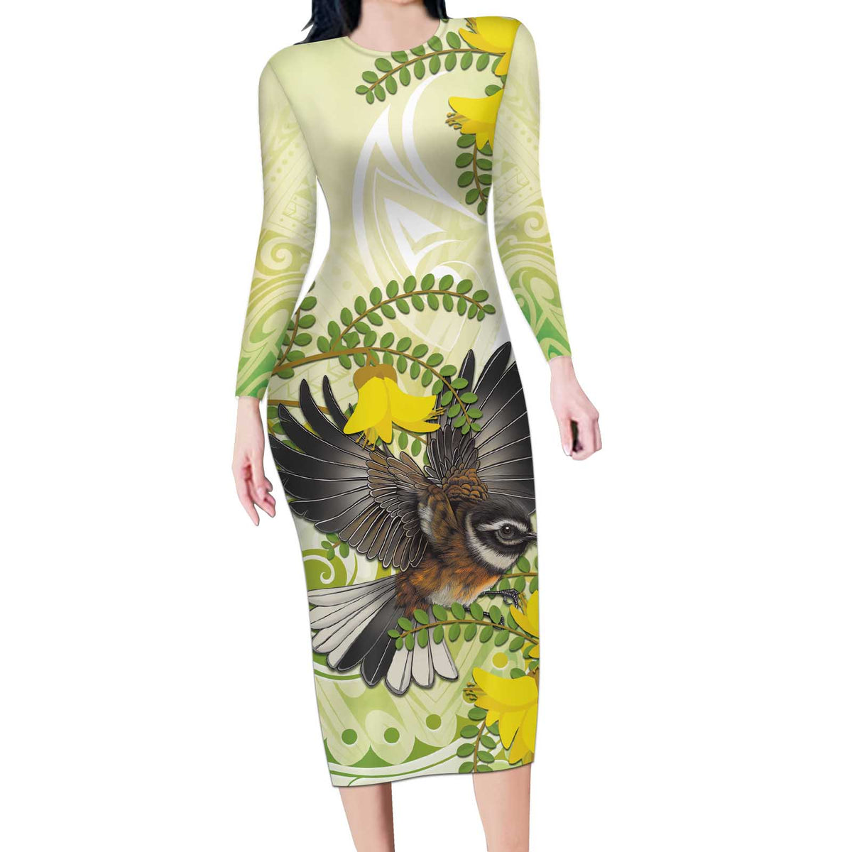 New Zealand Piwakawaka Fantail Bird Long Sleeve Bodycon Dress With Kowhai Flowers LT05 Long Dress Green - Polynesian Pride