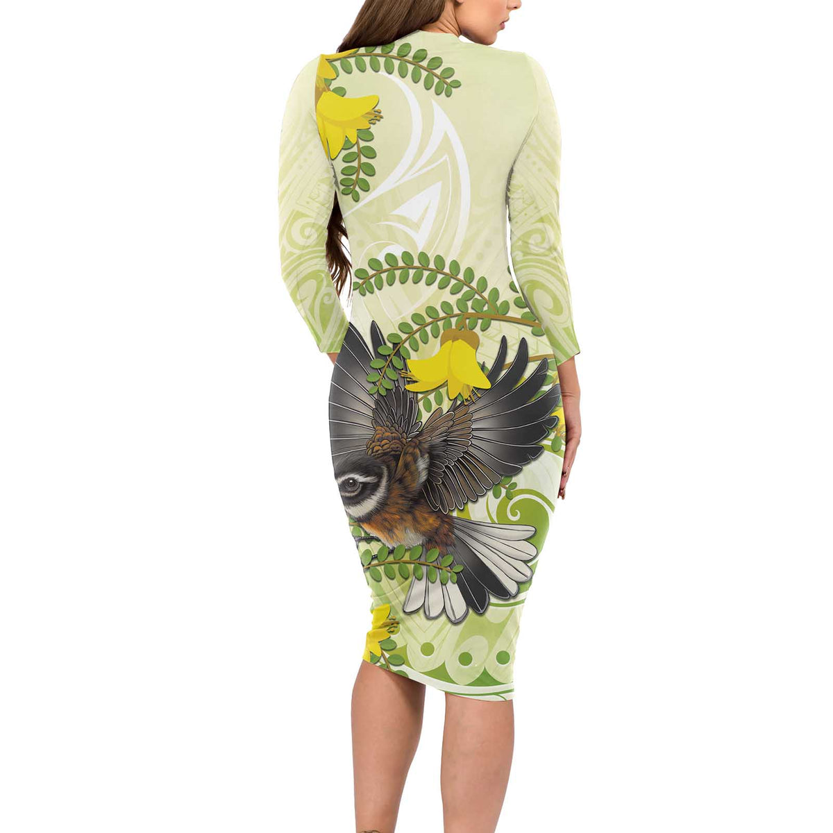 New Zealand Piwakawaka Fantail Bird Long Sleeve Bodycon Dress With Kowhai Flowers LT05 - Polynesian Pride