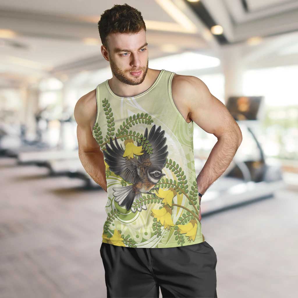 New Zealand Piwakawaka Fantail Bird Men Tank Top With Kowhai Flowers LT05 Green - Polynesian Pride