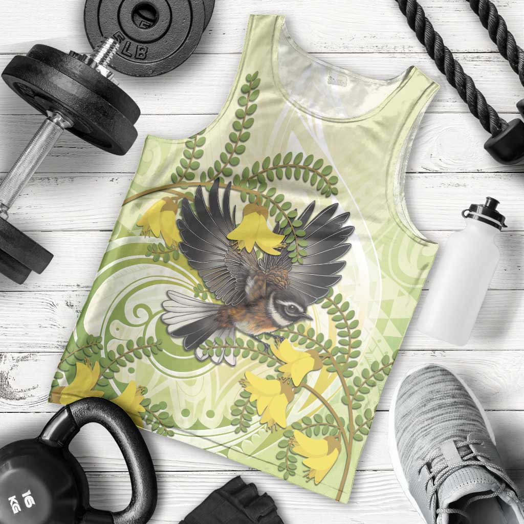 New Zealand Piwakawaka Fantail Bird Men Tank Top With Kowhai Flowers LT05 - Polynesian Pride