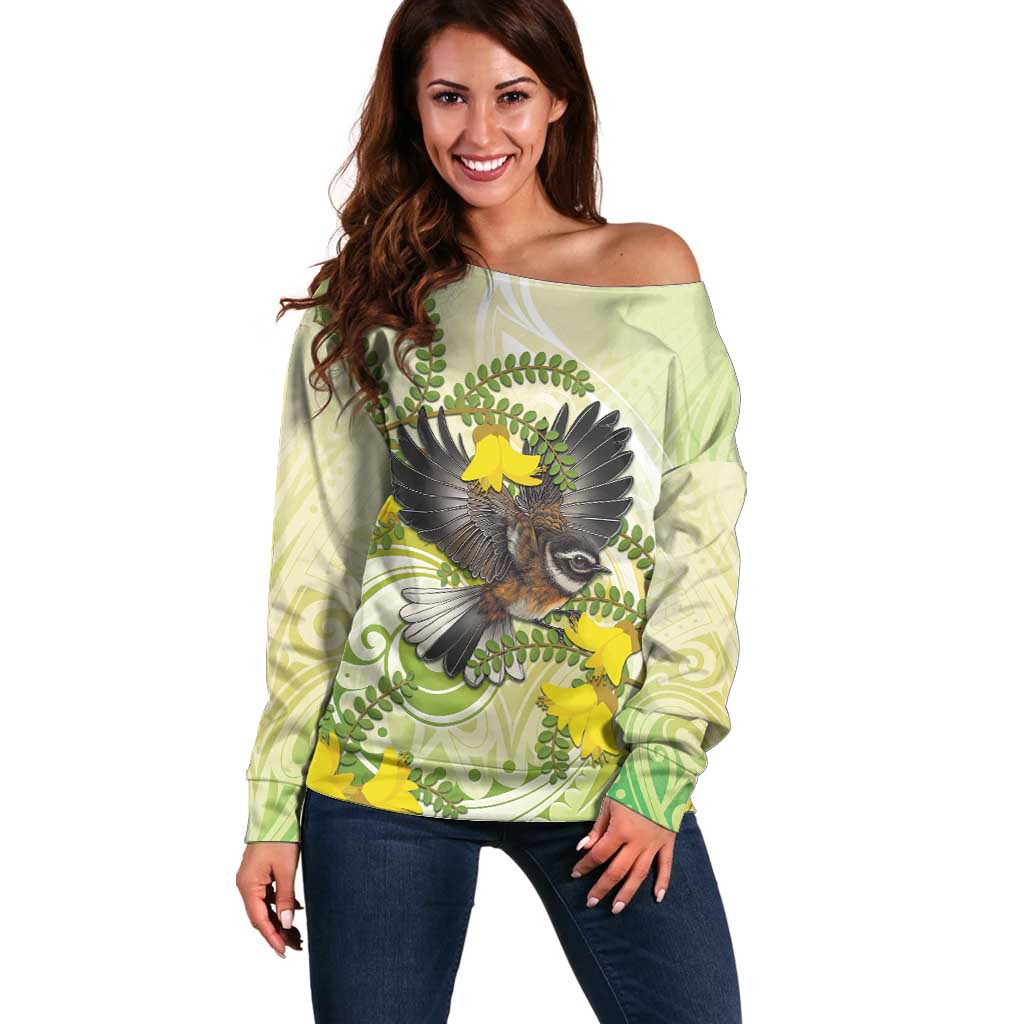 New Zealand Piwakawaka Fantail Bird Off Shoulder Sweater With Kowhai Flowers LT05 Women Green - Polynesian Pride