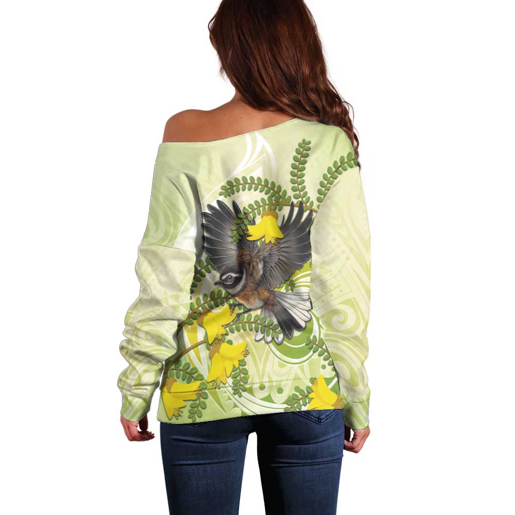 New Zealand Piwakawaka Fantail Bird Off Shoulder Sweater With Kowhai Flowers LT05 - Polynesian Pride