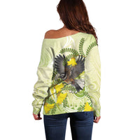 New Zealand Piwakawaka Fantail Bird Off Shoulder Sweater With Kowhai Flowers LT05 - Polynesian Pride