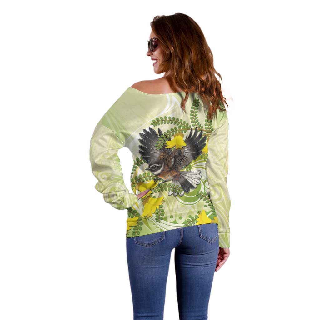 New Zealand Piwakawaka Fantail Bird Off Shoulder Sweater With Kowhai Flowers LT05 - Polynesian Pride