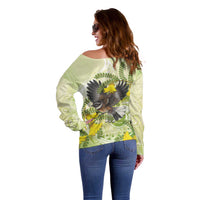 New Zealand Piwakawaka Fantail Bird Off Shoulder Sweater With Kowhai Flowers LT05 - Polynesian Pride