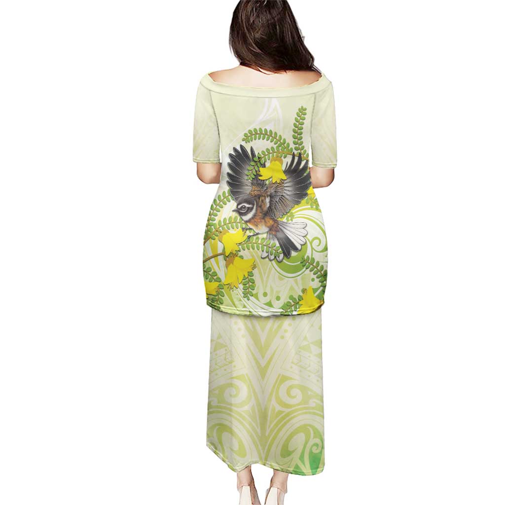 New Zealand Piwakawaka Fantail Bird Puletasi With Kowhai Flowers LT05 - Polynesian Pride