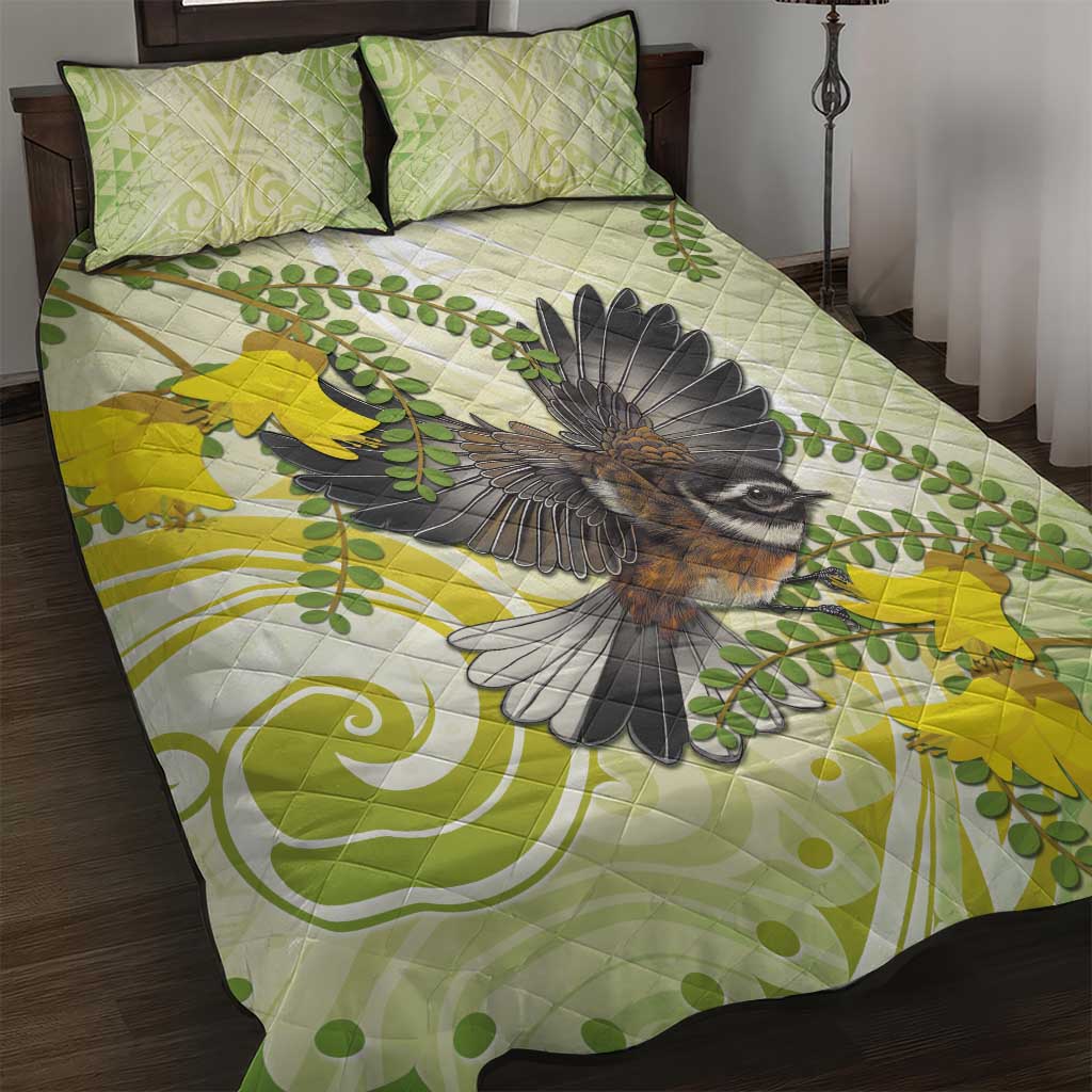 New Zealand Piwakawaka Fantail Bird Quilt Bed Set With Kowhai Flowers LT05 Green - Polynesian Pride