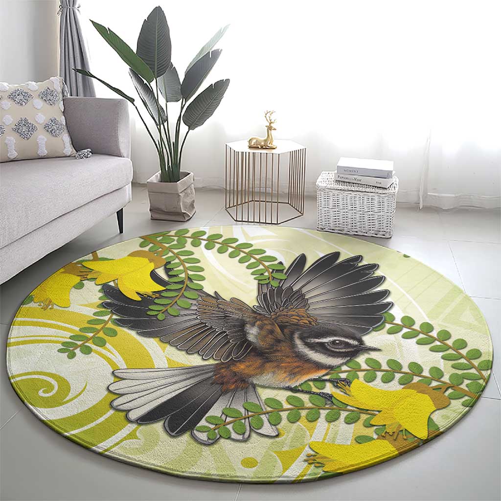 New Zealand Piwakawaka Fantail Bird Round Carpet With Kowhai Flowers LT05 - Polynesian Pride