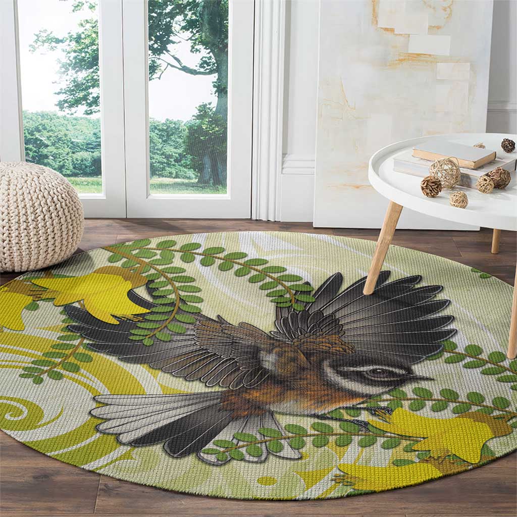 New Zealand Piwakawaka Fantail Bird Round Carpet With Kowhai Flowers LT05 - Polynesian Pride