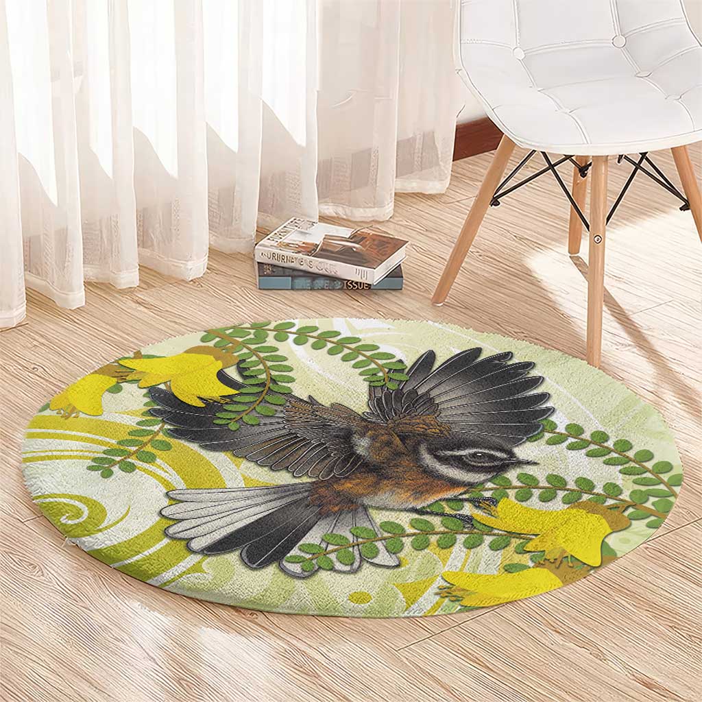New Zealand Piwakawaka Fantail Bird Round Carpet With Kowhai Flowers LT05 - Polynesian Pride