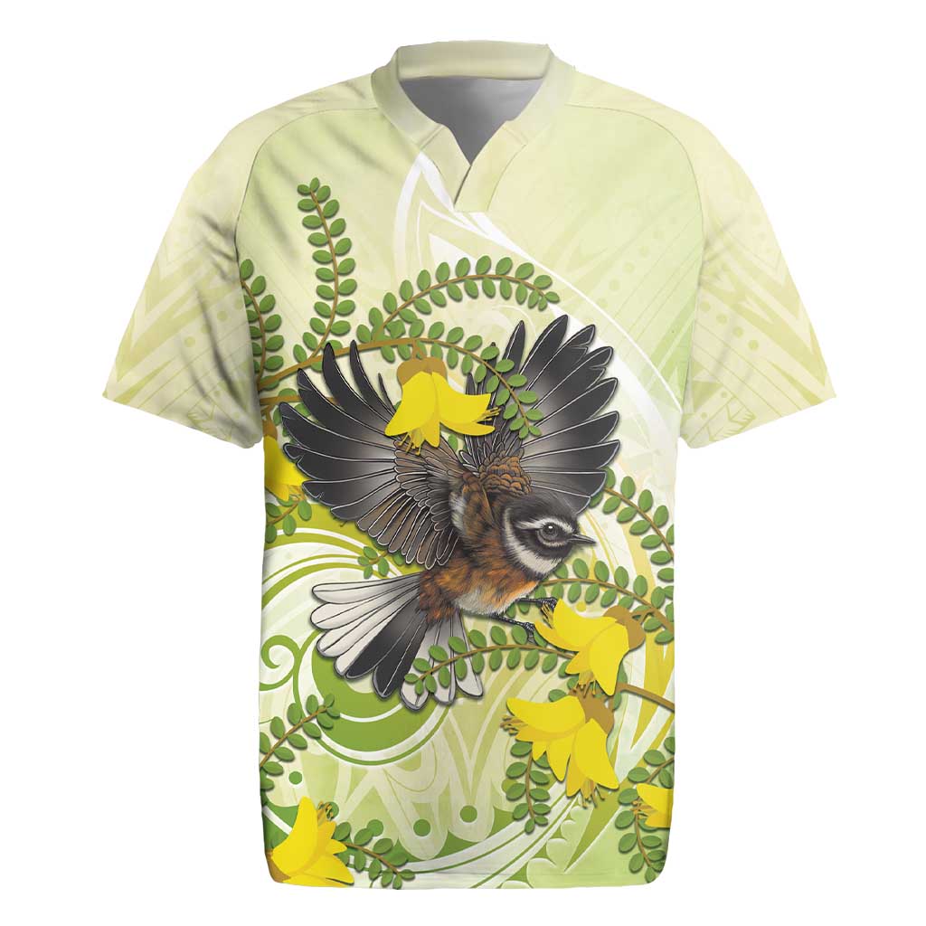 New Zealand Piwakawaka Fantail Bird Rugby Jersey With Kowhai Flowers LT05 Green - Polynesian Pride