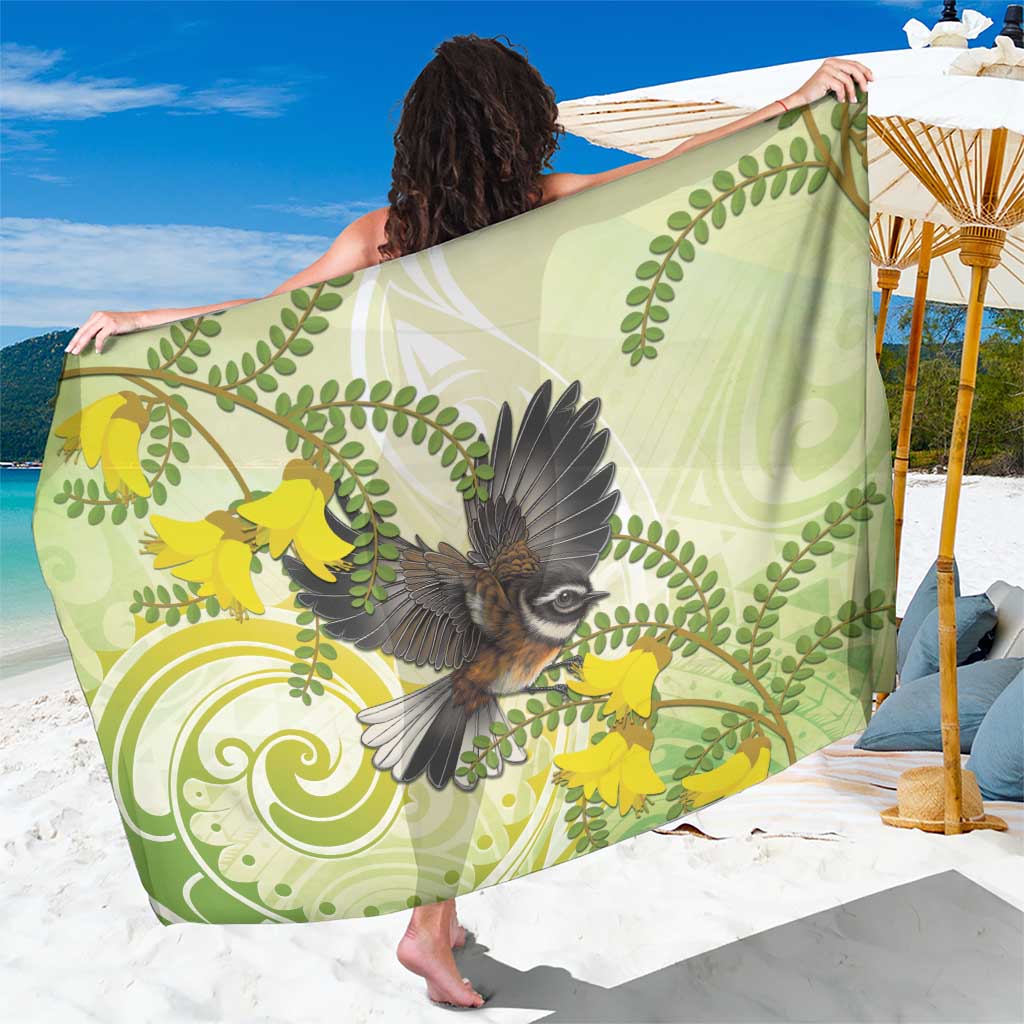 New Zealand Piwakawaka Fantail Bird Sarong With Kowhai Flowers LT05 One Size 44 x 66 inches Green - Polynesian Pride