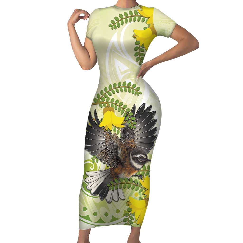 New Zealand Piwakawaka Fantail Bird Short Sleeve Bodycon Dress With Kowhai Flowers LT05 Long Dress Green - Polynesian Pride