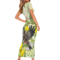 New Zealand Piwakawaka Fantail Bird Short Sleeve Bodycon Dress With Kowhai Flowers LT05 - Polynesian Pride