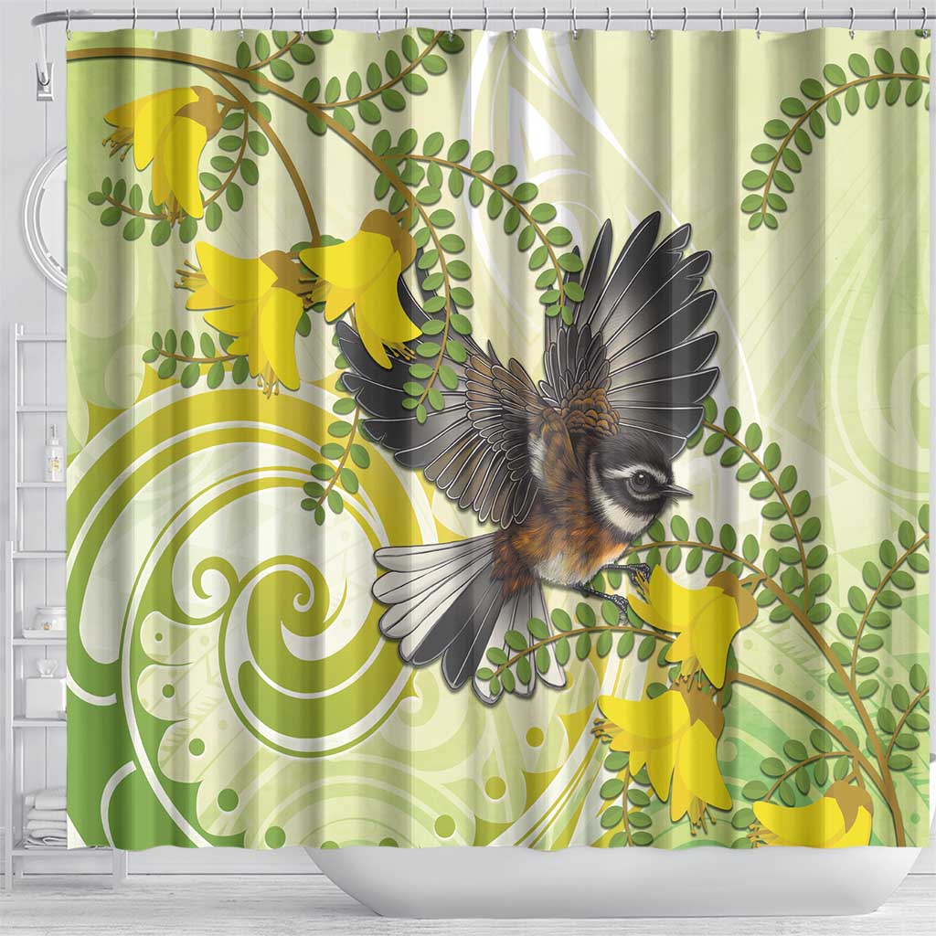 New Zealand Piwakawaka Fantail Bird Shower Curtain With Kowhai Flowers LT05 - Polynesian Pride