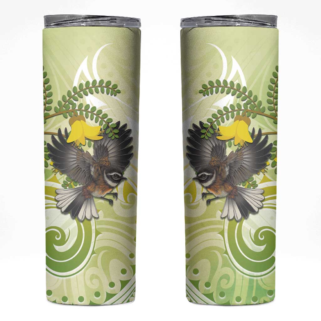 New Zealand Piwakawaka Fantail Bird Skinny Tumbler With Kowhai Flowers LT05 Green - Polynesian Pride