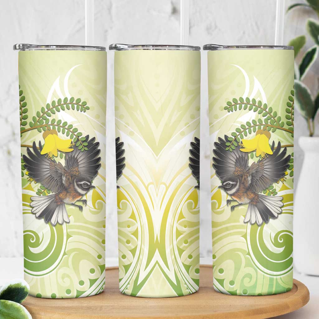 New Zealand Piwakawaka Fantail Bird Skinny Tumbler With Kowhai Flowers LT05 - Polynesian Pride