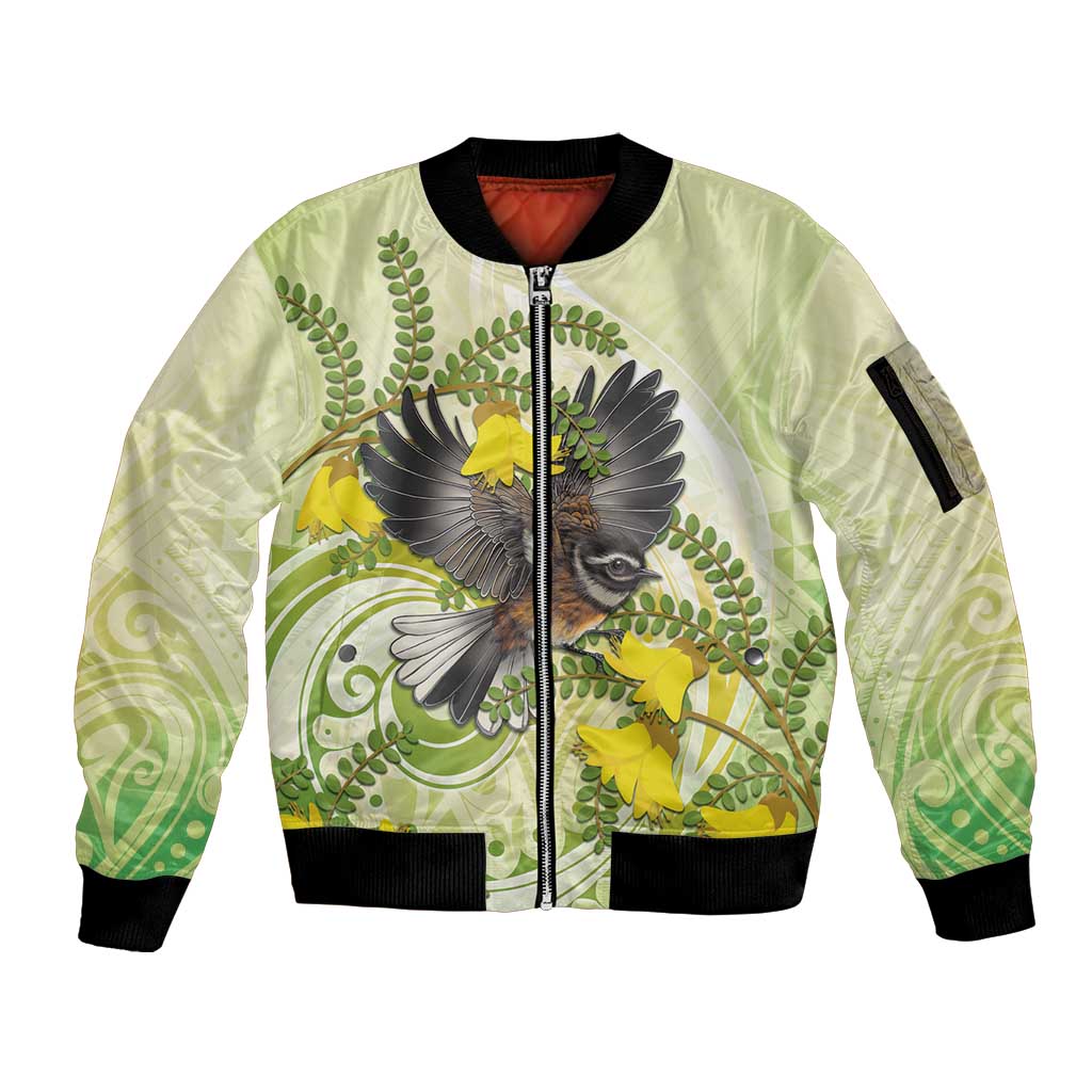 New Zealand Piwakawaka Fantail Bird Sleeve Zip Bomber Jacket With Kowhai Flowers LT05 Unisex Green - Polynesian Pride