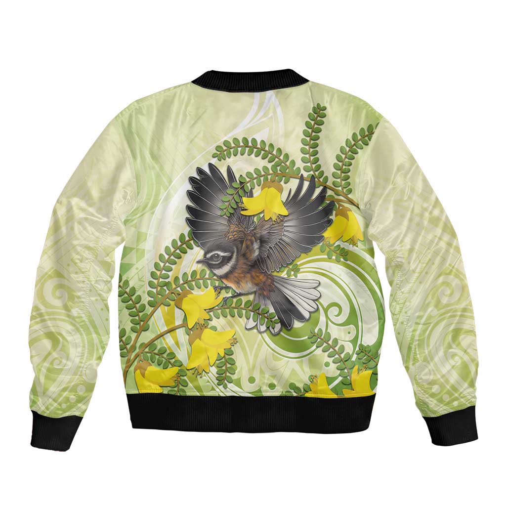 New Zealand Piwakawaka Fantail Bird Sleeve Zip Bomber Jacket With Kowhai Flowers LT05 - Polynesian Pride