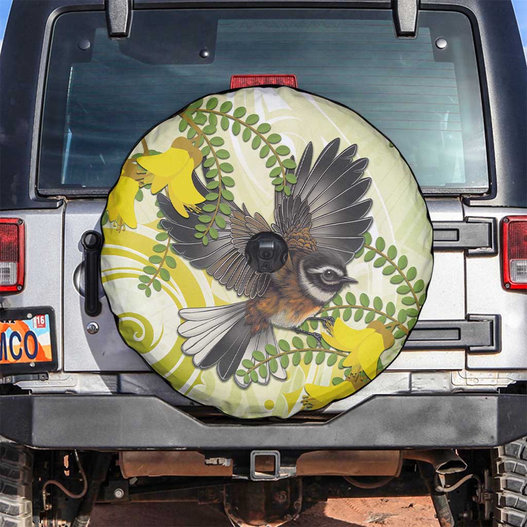 New Zealand Piwakawaka Fantail Bird Spare Tire Cover With Kowhai Flowers LT05 Green - Polynesian Pride