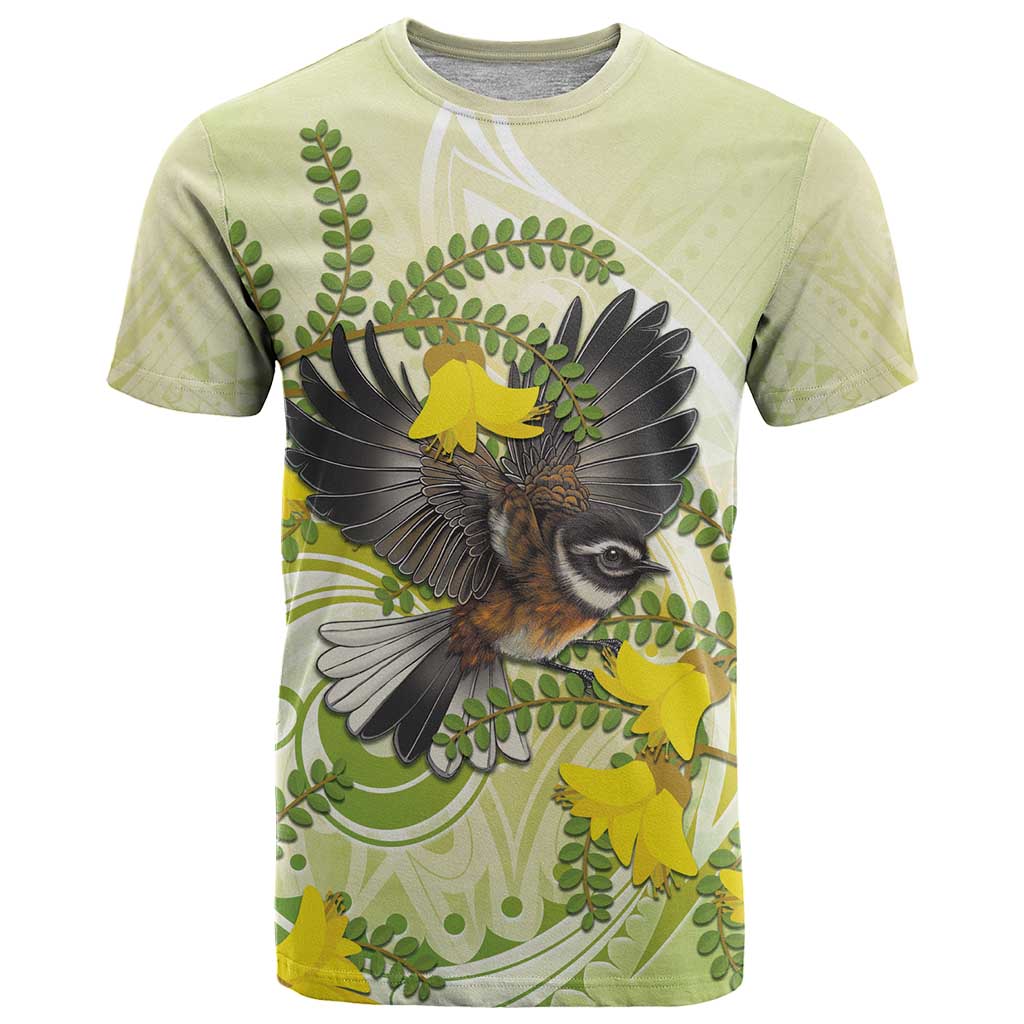 New Zealand Piwakawaka Fantail Bird T Shirt With Kowhai Flowers LT05 Green - Polynesian Pride