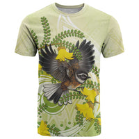 New Zealand Piwakawaka Fantail Bird T Shirt With Kowhai Flowers LT05 Green - Polynesian Pride
