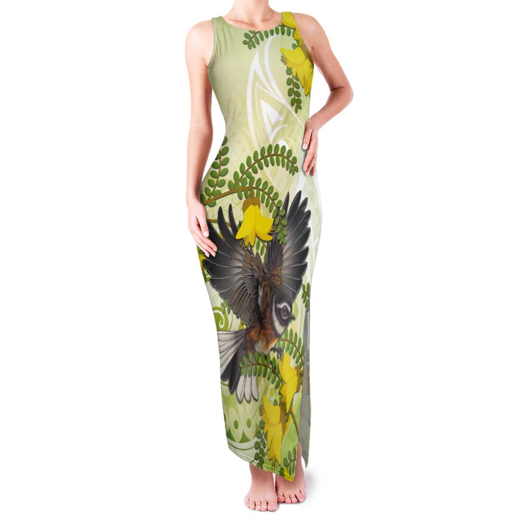 New Zealand Piwakawaka Fantail Bird Tank Maxi Dress With Kowhai Flowers LT05 Women Green - Polynesian Pride