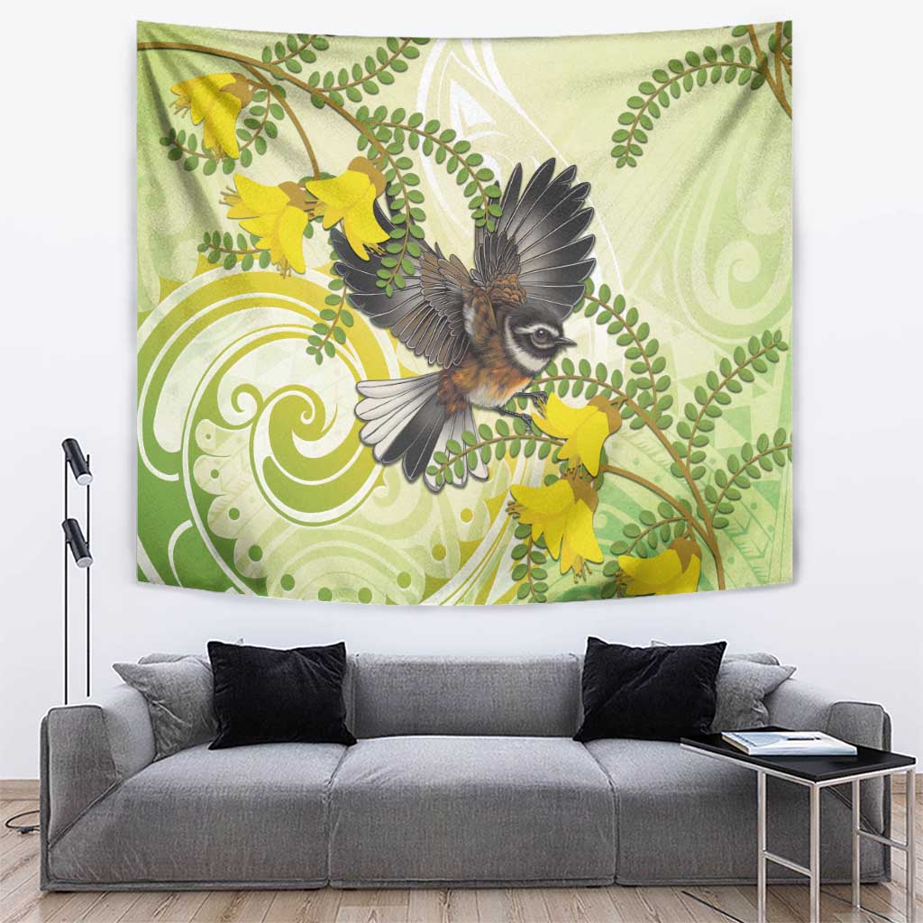 New Zealand Piwakawaka Fantail Bird Tapestry With Kowhai Flowers LT05 Green - Polynesian Pride