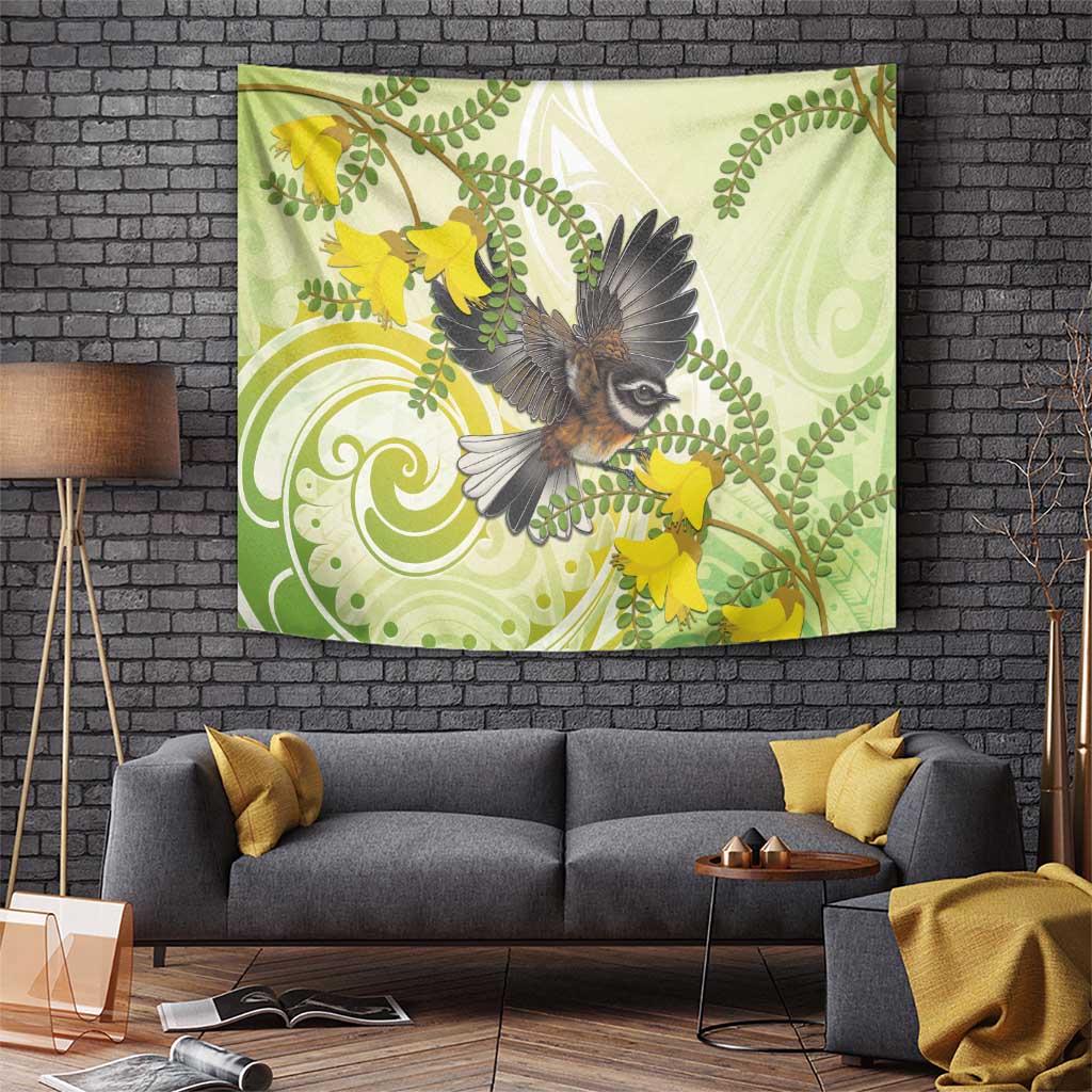 New Zealand Piwakawaka Fantail Bird Tapestry With Kowhai Flowers LT05 - Polynesian Pride