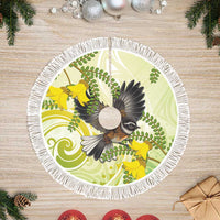 New Zealand Piwakawaka Fantail Bird Tree Skirt With Kowhai Flowers LT05 Fringed Green - Polynesian Pride