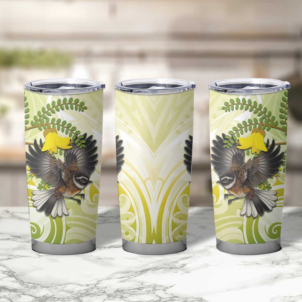 New Zealand Piwakawaka Fantail Bird Tumbler Cup With Kowhai Flowers LT05 - Polynesian Pride