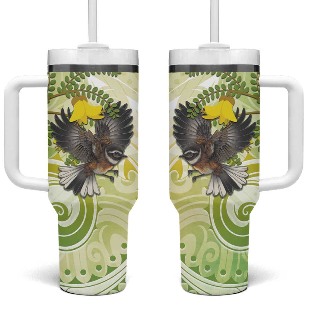 New Zealand Piwakawaka Fantail Bird Tumbler With Handle With Kowhai Flowers LT05 One Size: 40 oz Green - Polynesian Pride