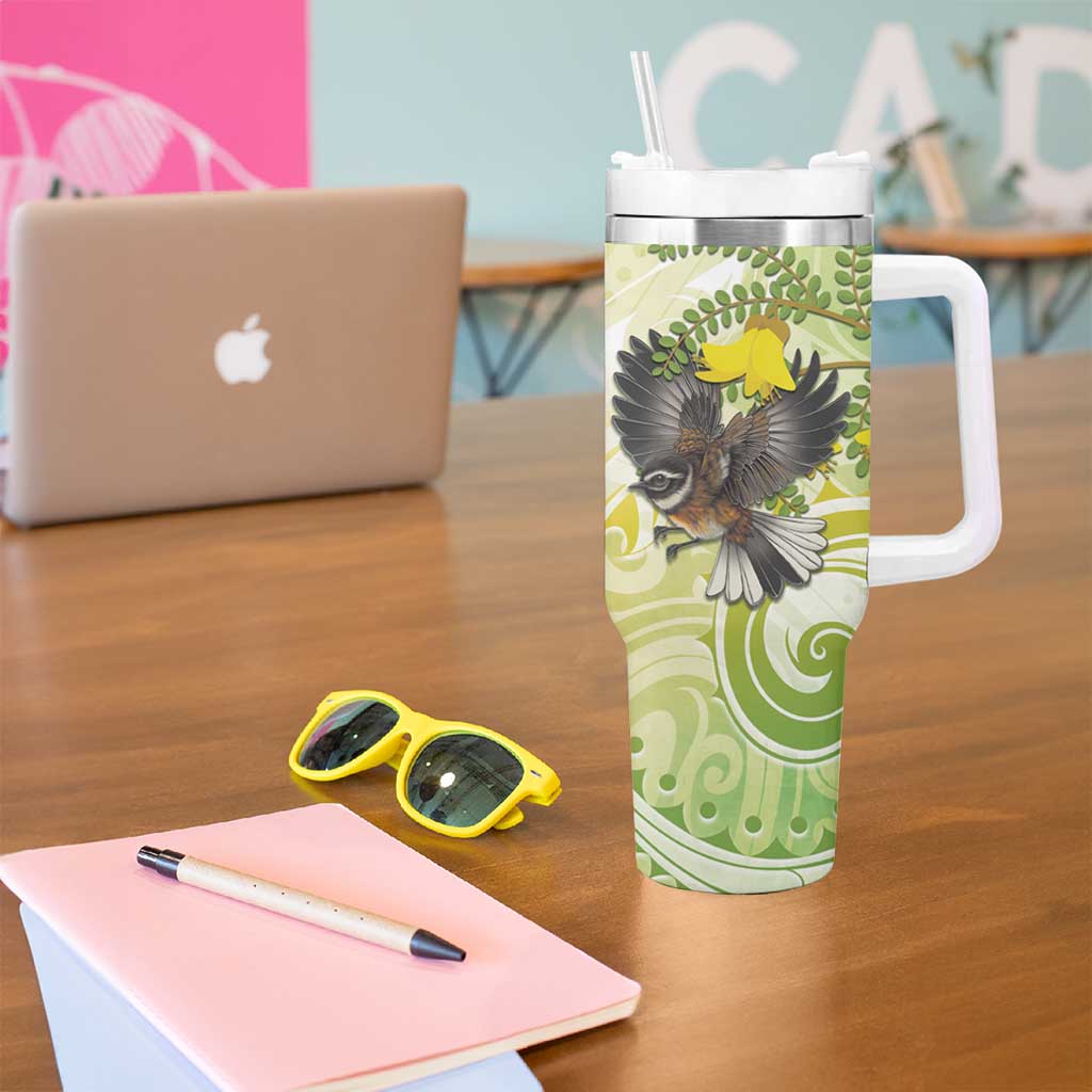 New Zealand Piwakawaka Fantail Bird Tumbler With Handle With Kowhai Flowers LT05 - Polynesian Pride
