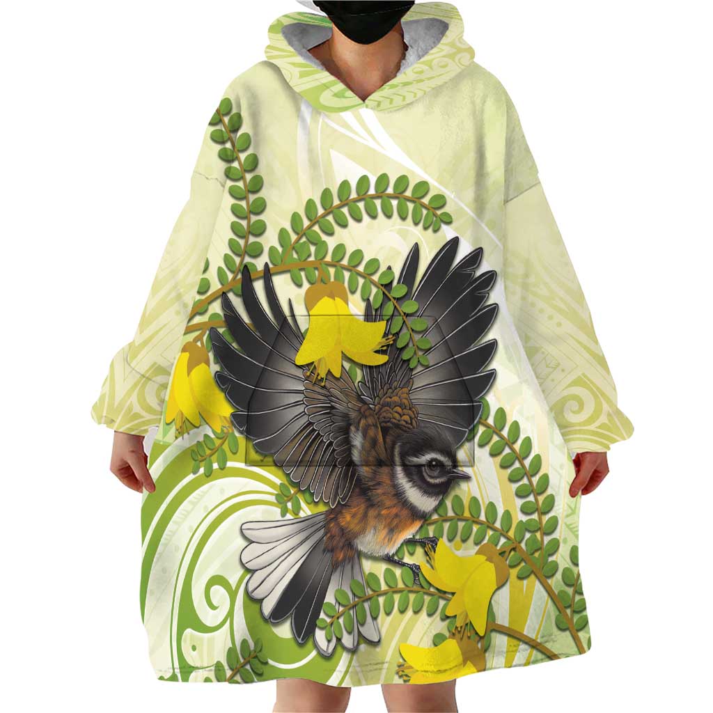 New Zealand Piwakawaka Fantail Bird Wearable Blanket Hoodie With Kowhai Flowers LT05 - Polynesian Pride