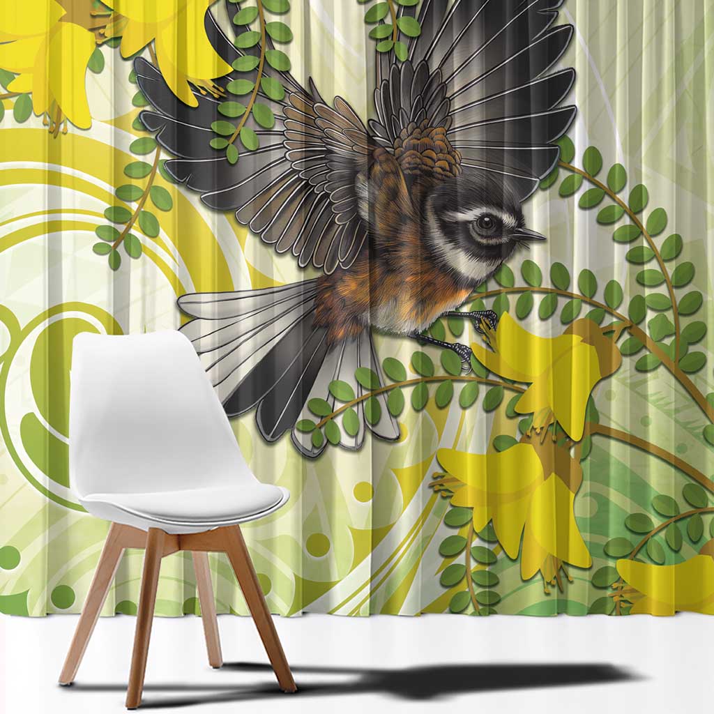 New Zealand Piwakawaka Fantail Bird Window Curtain With Kowhai Flowers LT05 - Polynesian Pride