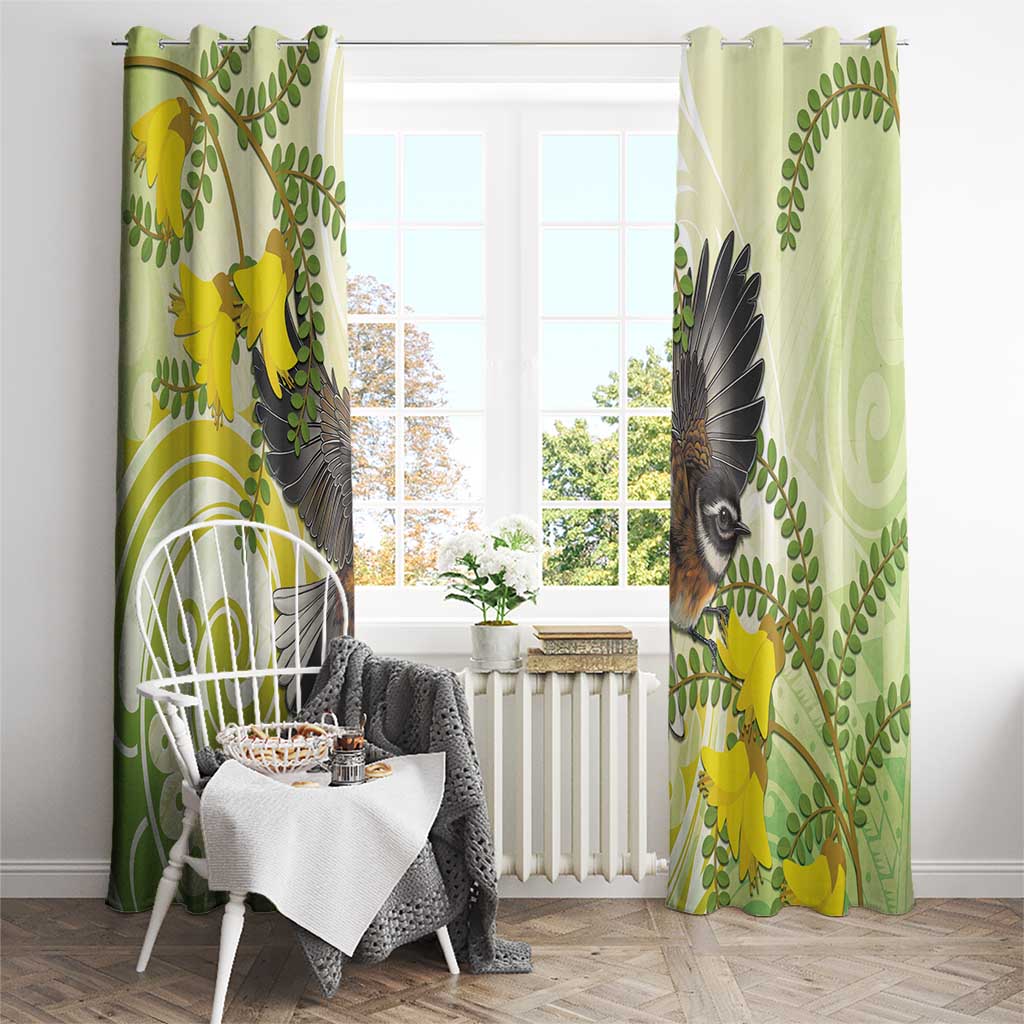 New Zealand Piwakawaka Fantail Bird Window Curtain With Kowhai Flowers LT05 - Polynesian Pride
