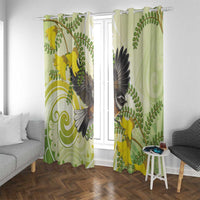 New Zealand Piwakawaka Fantail Bird Window Curtain With Kowhai Flowers LT05 With Grommets Green - Polynesian Pride