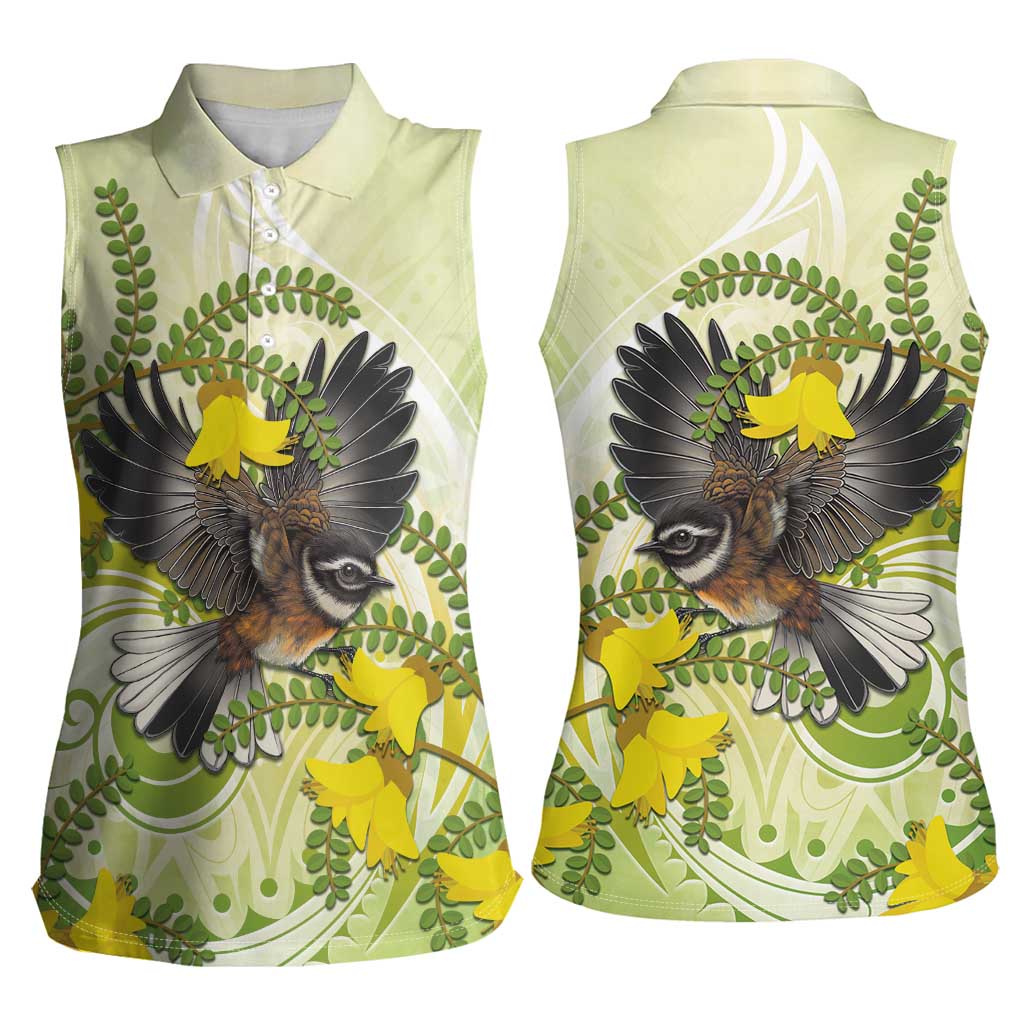 New Zealand Piwakawaka Fantail Bird Women Sleeveless Polo Shirt With Kowhai Flowers LT05 - Polynesian Pride