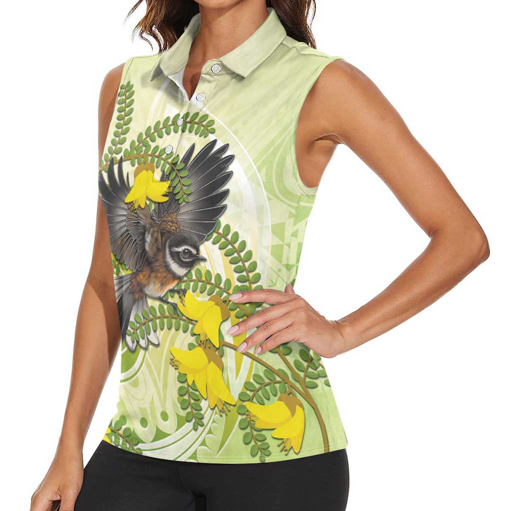 New Zealand Piwakawaka Fantail Bird Women Sleeveless Polo Shirt With Kowhai Flowers LT05 - Polynesian Pride