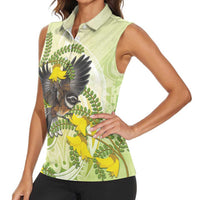 New Zealand Piwakawaka Fantail Bird Women Sleeveless Polo Shirt With Kowhai Flowers LT05 - Polynesian Pride