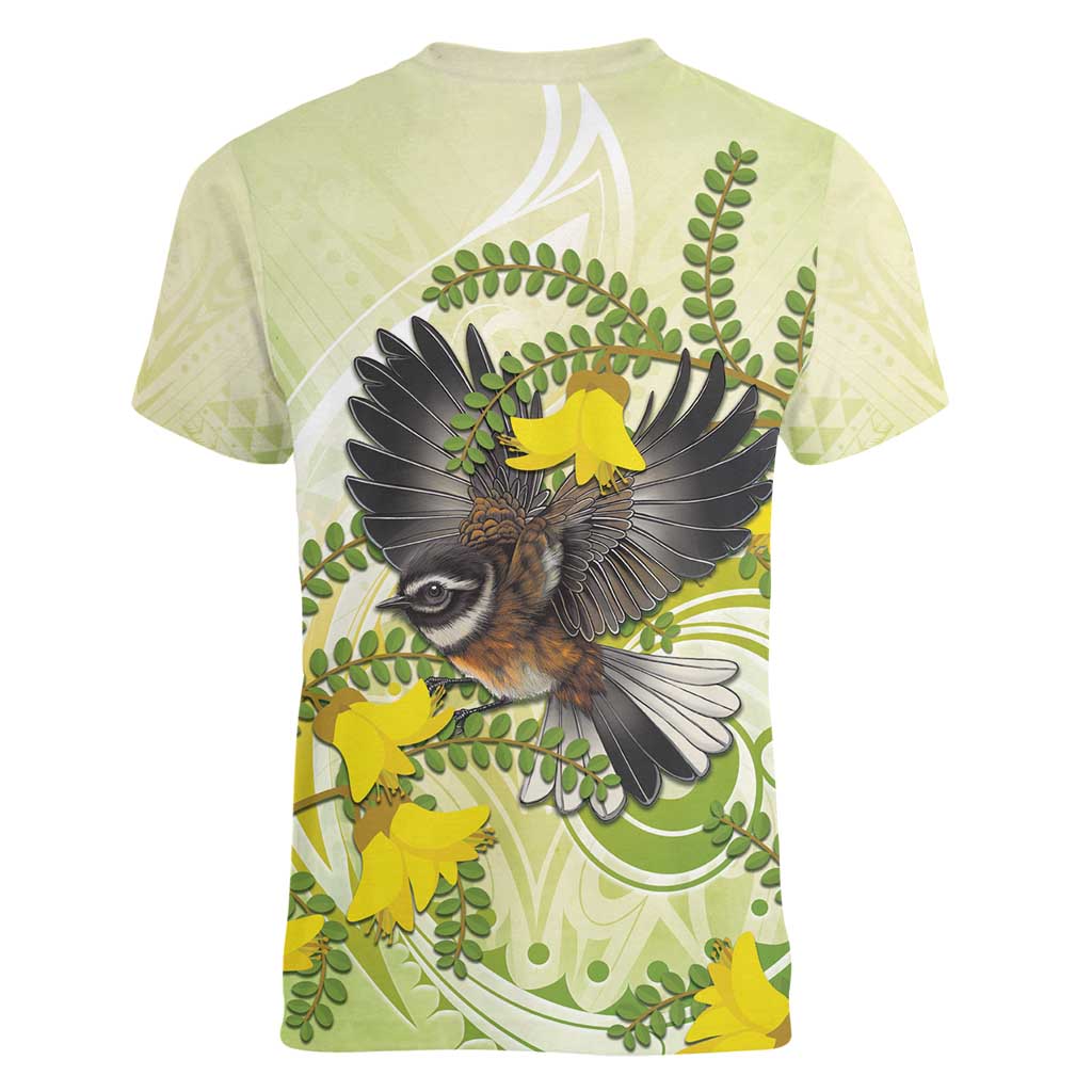 New Zealand Piwakawaka Fantail Bird Women V-Neck T-Shirt With Kowhai Flowers LT05 - Polynesian Pride