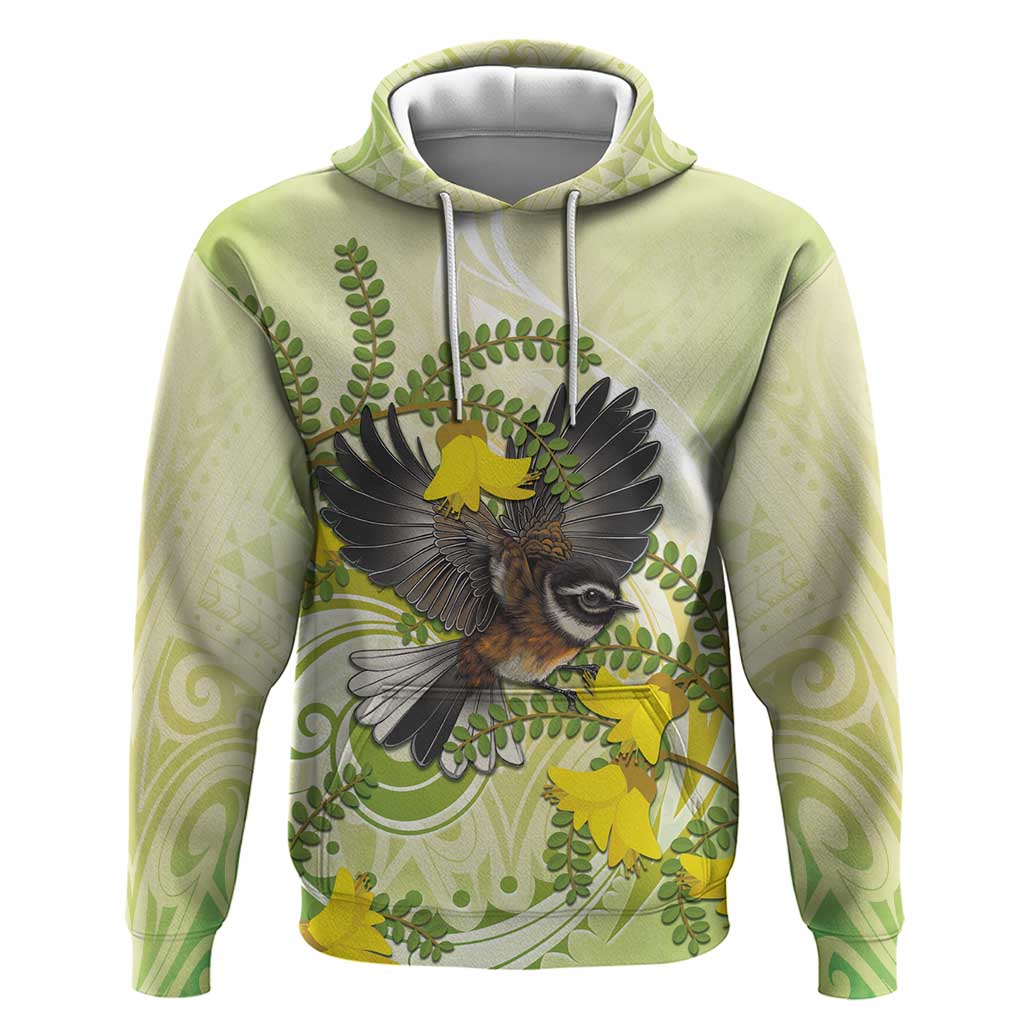 New Zealand Piwakawaka Fantail Bird Zip Hoodie With Kowhai Flowers LT05 Pullover Hoodie Green - Polynesian Pride