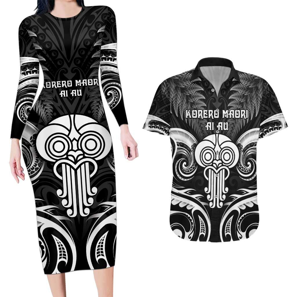 New Zealand Te Reo Maori Couples Matching Long Sleeve Bodycon Dress and Hawaiian Shirt Korero Maori Ai Au LT05 Black - Polynesian Pride