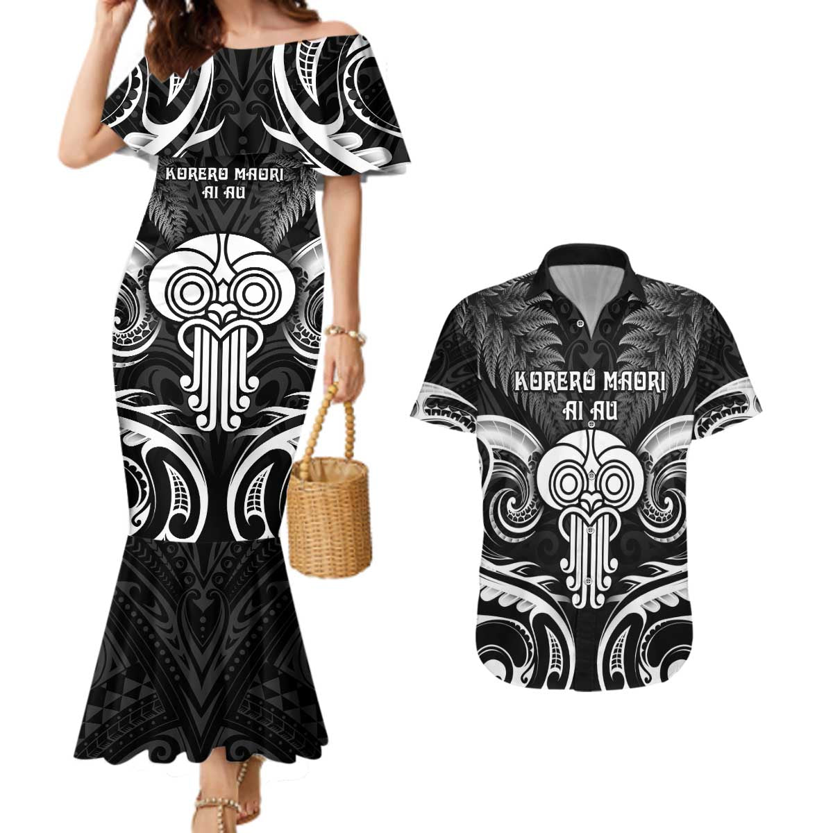 New Zealand Te Reo Maori Couples Matching Mermaid Dress and Hawaiian Shirt Korero Maori Ai Au LT05 Black - Polynesian Pride