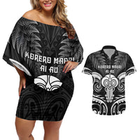 New Zealand Te Reo Maori Couples Matching Off Shoulder Short Dress and Hawaiian Shirt Korero Maori Ai Au LT05 Black - Polynesian Pride