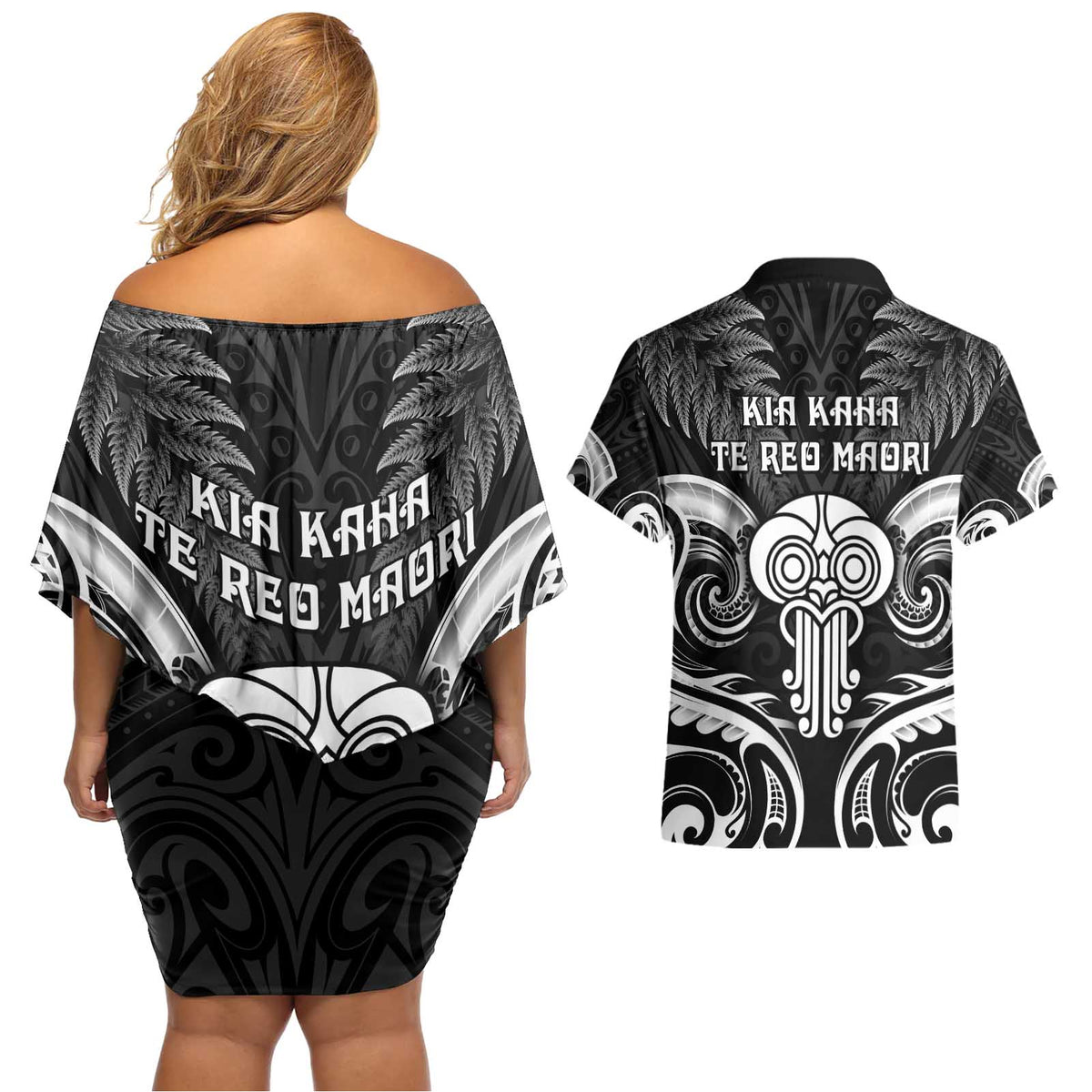 New Zealand Te Reo Maori Couples Matching Off Shoulder Short Dress and Hawaiian Shirt Korero Maori Ai Au LT05 - Polynesian Pride