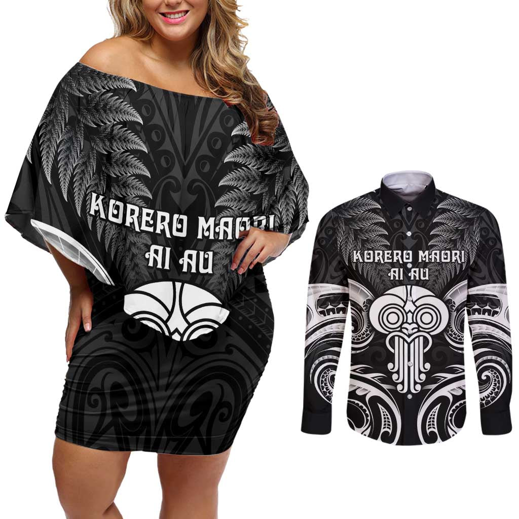 New Zealand Te Reo Maori Couples Matching Off Shoulder Short Dress and Long Sleeve Button Shirt Korero Maori Ai Au LT05 Black - Polynesian Pride