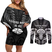 New Zealand Te Reo Maori Couples Matching Off Shoulder Short Dress and Long Sleeve Button Shirt Korero Maori Ai Au LT05 Black - Polynesian Pride